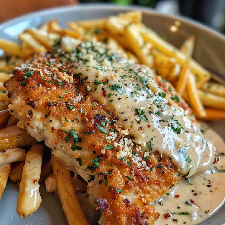 A Flavorful Adventure: Chicken Fillet in Creamy Garlic-Parmesan Sauce with Crispy Fries