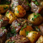 Close-up of Garlic Butter Steak Bites and halved baby potatoes, beautifully arranged on a plate.