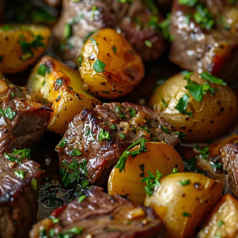 Close-up of Garlic Butter Steak Bites and halved baby potatoes, beautifully arranged on a plate.