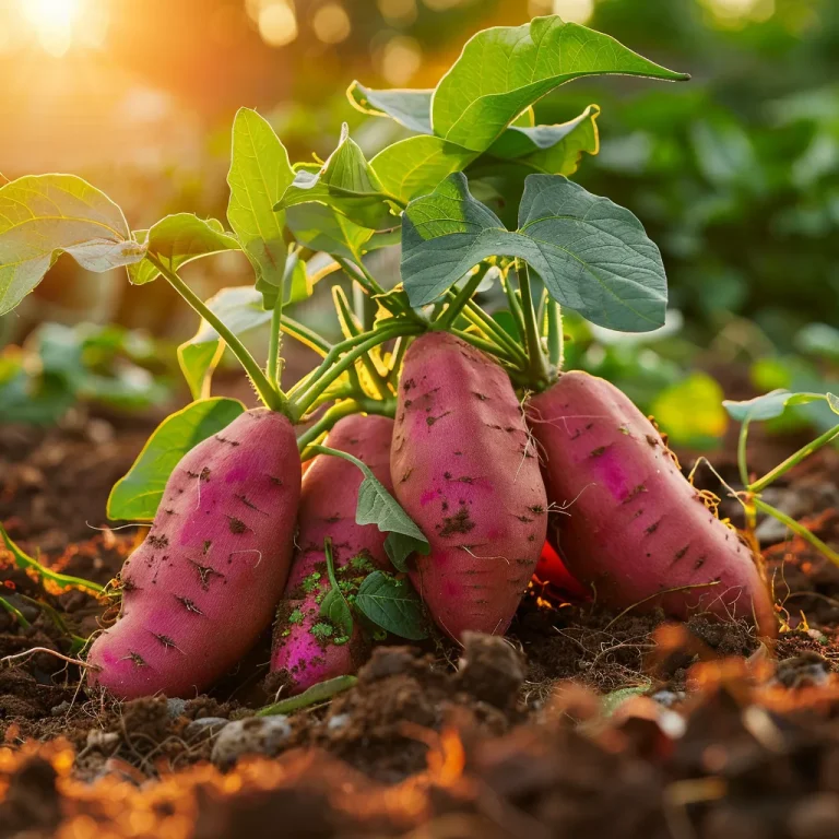 Close-up of sweet potato plants growing in well-draining soil, with warm lighting illuminating the textures.