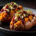 Close-up of twice-baked sweet potatoes topped with cranberries and apple.
