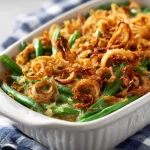 Close-up of a creamy green bean casserole topped with crispy fried onions.