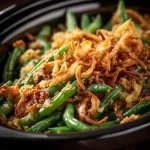 Close-up of a creamy green bean casserole topped with crispy fried onions, served in a crockpot.