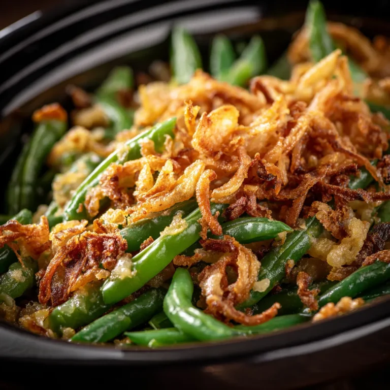 Close-up of a creamy green bean casserole topped with crispy fried onions, served in a crockpot.