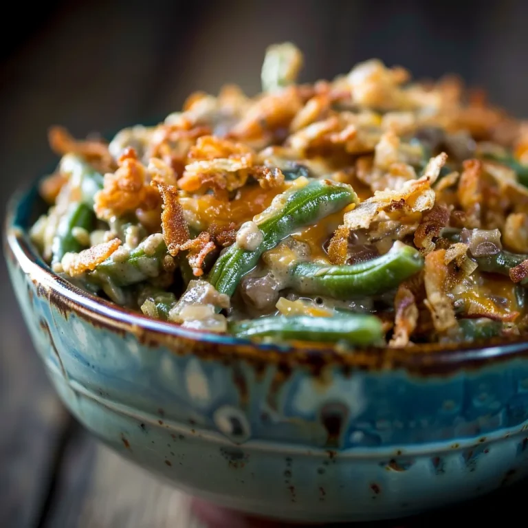 A Cozy Twist on Green Bean Casserole That Will Steal the Show Close-up of a savory Crockpot Green Bean Casserole topped with crispy fried onions, set against a blurred background.