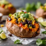 Close-up of a stuffed sweet potato filled with black beans, corn, tomatoes, and topped with avocado and cilantro.