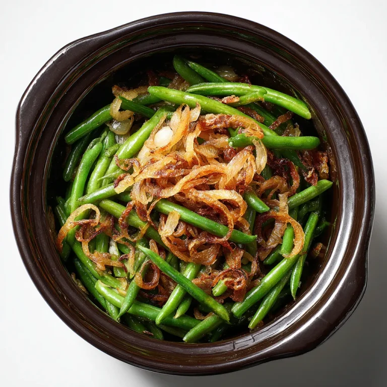 A close-up view of a creamy green bean casserole topped with crispy fried onions, illuminated by warm natural light.
