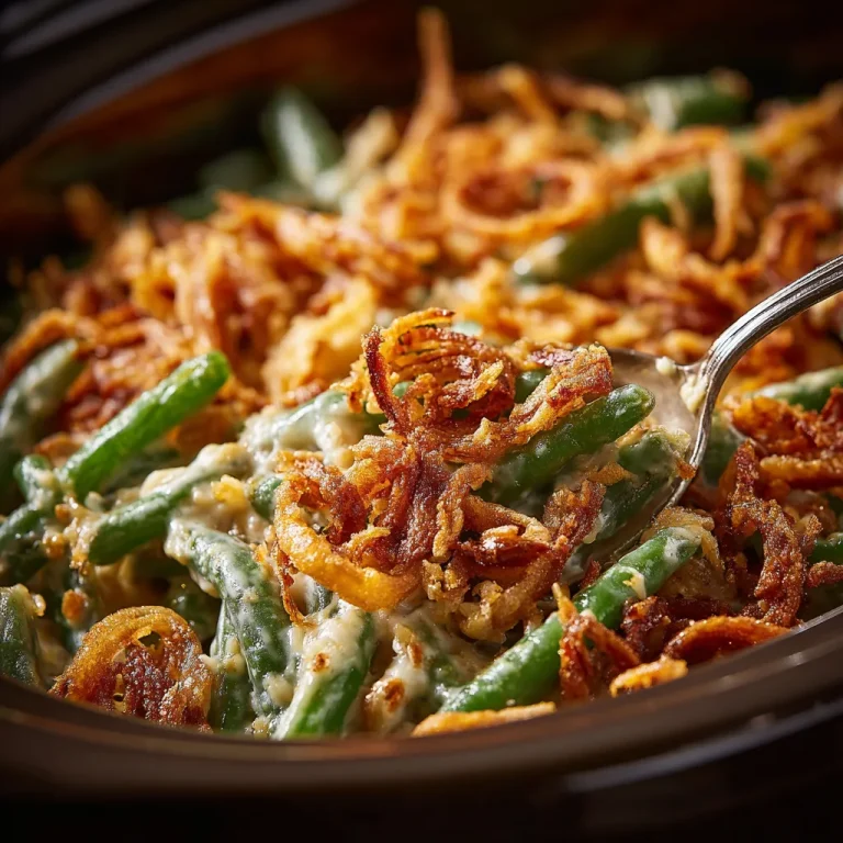 The Cozy Little Green Bean Casserole That Steals the Show Close-up shot of a creamy green bean casserole topped with crispy onions.
