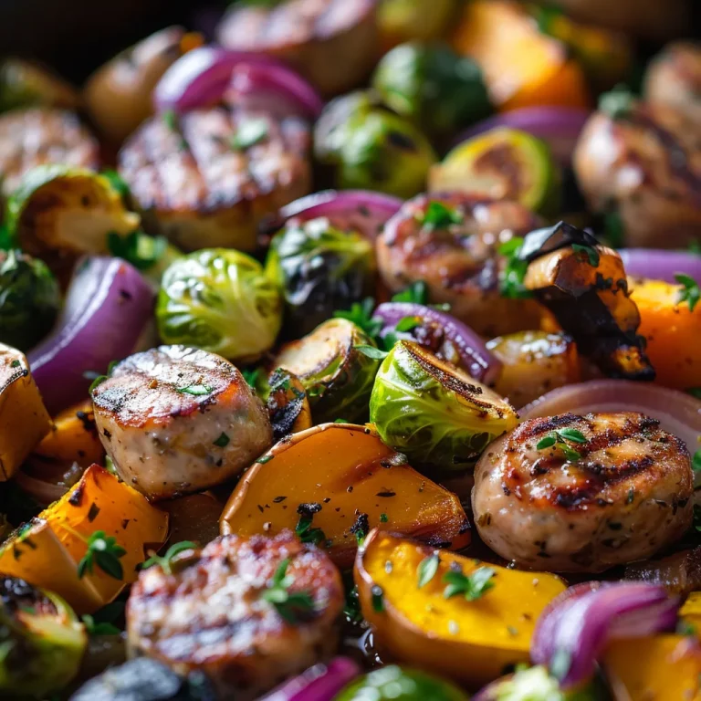 Close-up of a sheet pan filled with chicken sausage, brussels sprouts, butternut squash, and red onion, beautifully roasted.