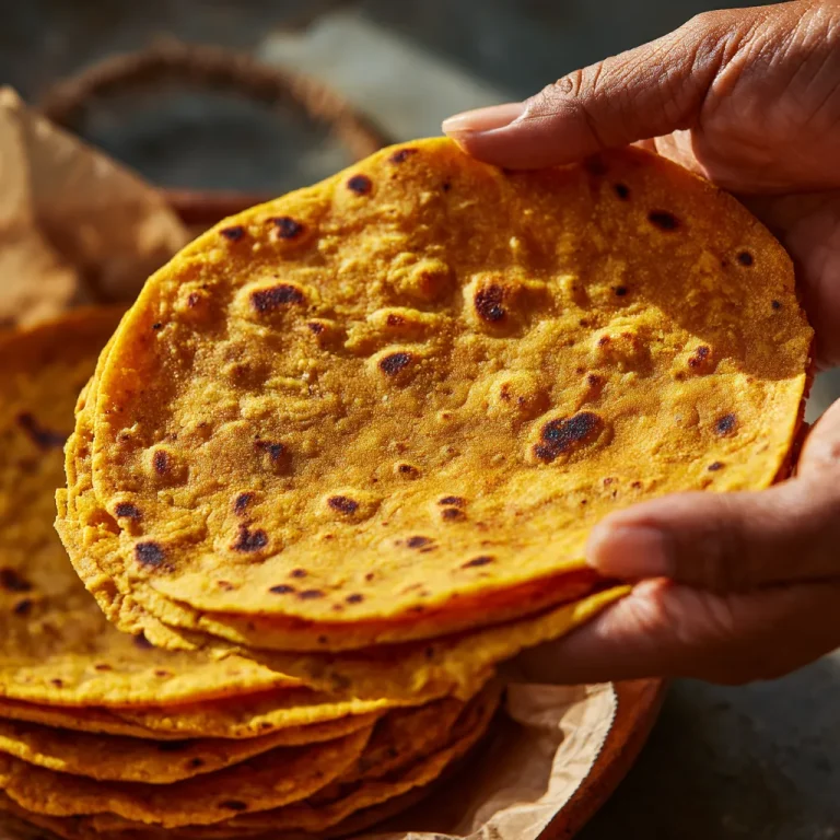 Close-up of soft, golden-brown sweet potato tortillas stacked on a rustic wooden plate.