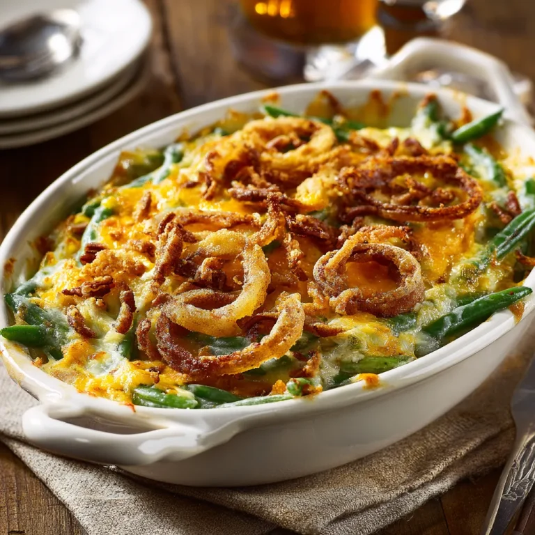 Close-up of a homemade green bean casserole with crispy fried onions on top.