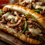Close-up of a warm Ground Beef Philly Cheesesteak with melted cheese and colorful toppings.