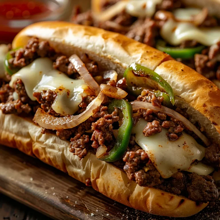 Close-up of a warm Ground Beef Philly Cheesesteak with melted cheese and colorful toppings.