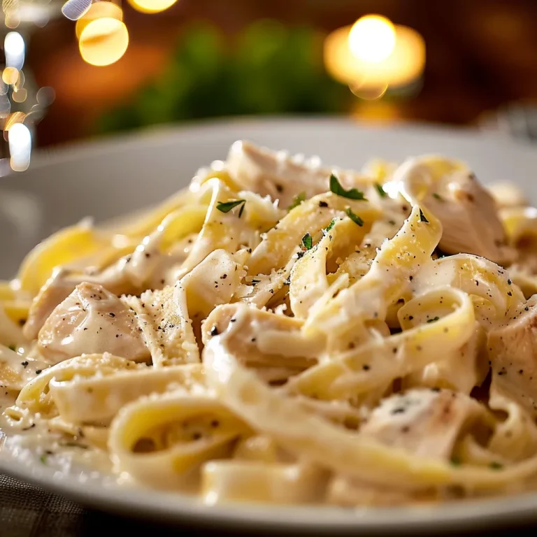 A close-up shot of creamy chicken Alfredo pasta with chicken slices and parsley.