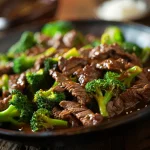 Close-up view of a vibrant beef and broccoli dish with tender slices of flank steak and bright green broccoli florets.