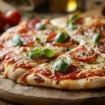 Close-up view of a homemade pizza topped with cheese, pepperoni, and vegetables.