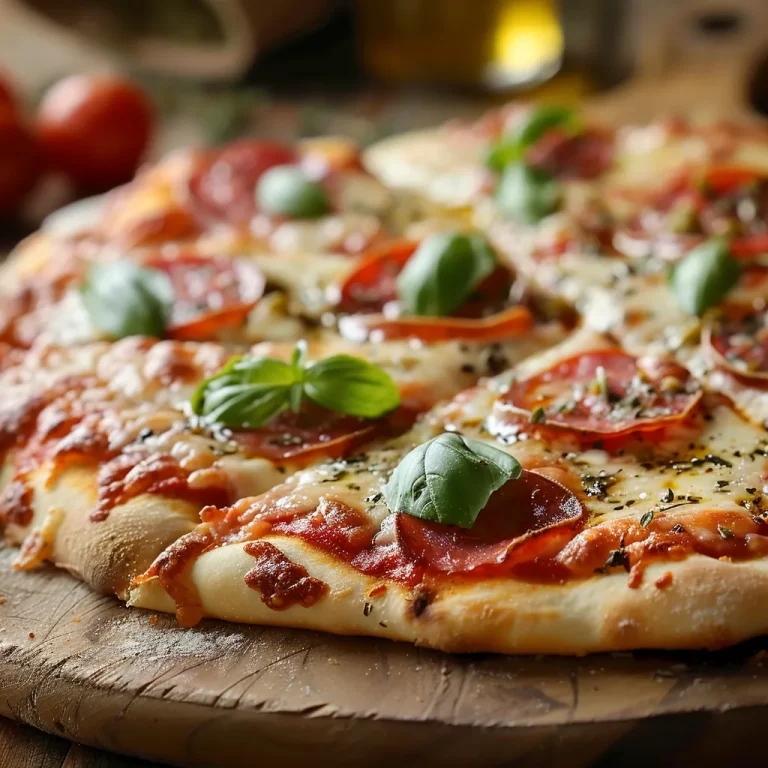 Close-up view of a homemade pizza topped with cheese, pepperoni, and vegetables.