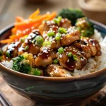 Close-up of a delicious Sticky Chicken Rice Bowl with chicken, broccoli, and carrots.