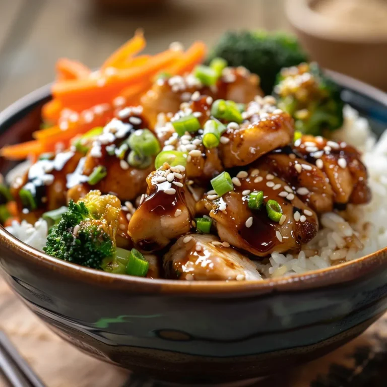 Close-up of a delicious Sticky Chicken Rice Bowl with chicken, broccoli, and carrots.