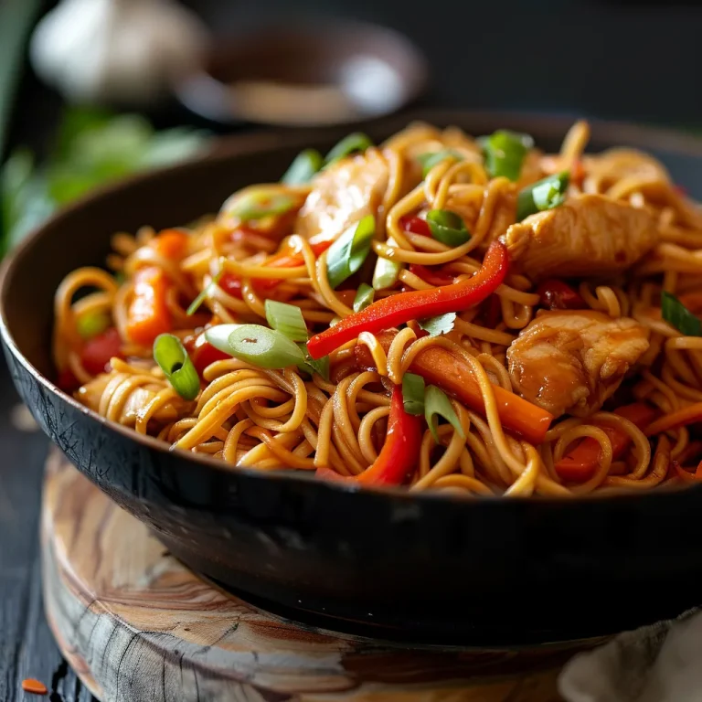 Close-up of a colorful Easy Chicken Lo Mein dish with chicken and mixed vegetables.