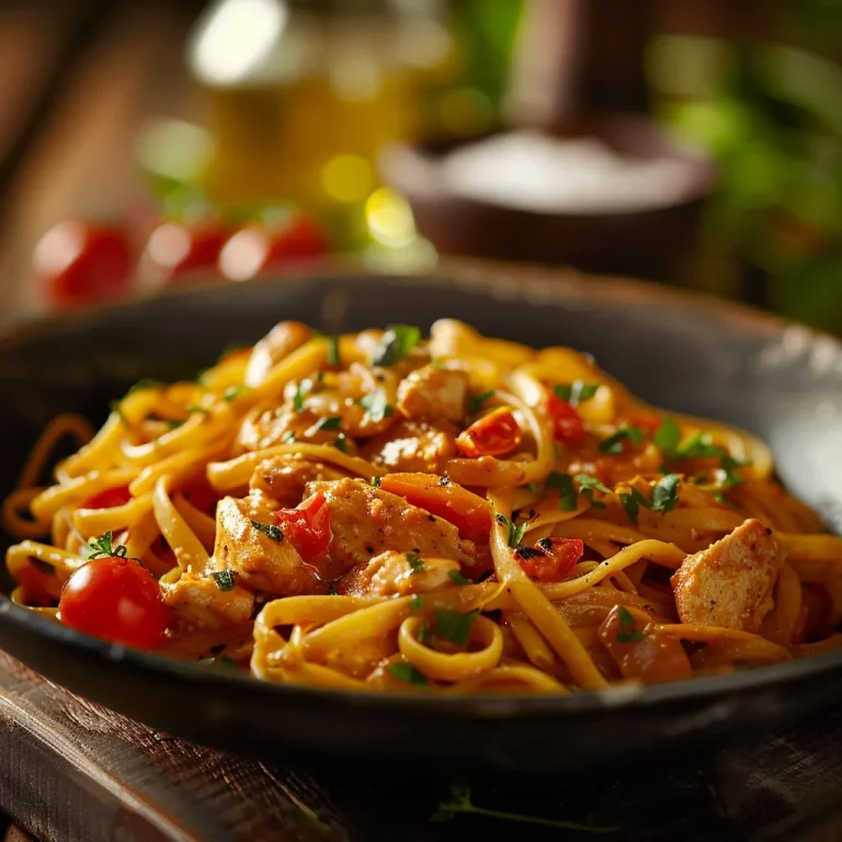 Close-up of Cowboy Butter Chicken Linguine garnished with parsley and cherry tomatoes.