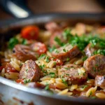 Close-up of One-Pot Garlic Butter Sausage and Orzo, showcasing the sliced sausage and cherry tomatoes in a creamy sauce.