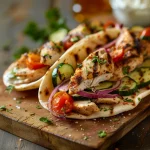 Close-up of a Mediterranean Chicken Gyros wrapped in pita, surrounded by fresh vegetables.