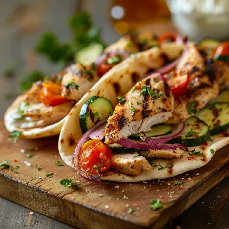 Close-up of a Mediterranean Chicken Gyros wrapped in pita, surrounded by fresh vegetables.
