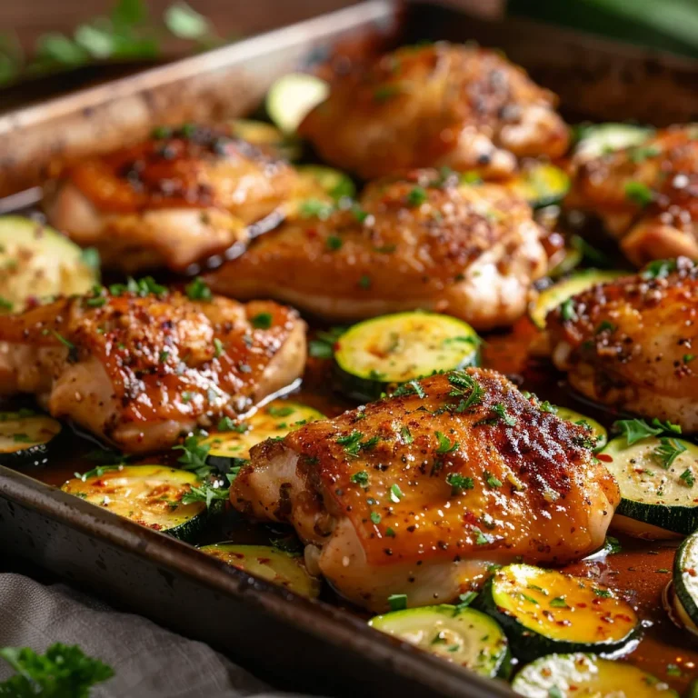 Close-up of hot honey chicken thighs and sliced zucchini on a sheet pan, illuminated by natural light.
