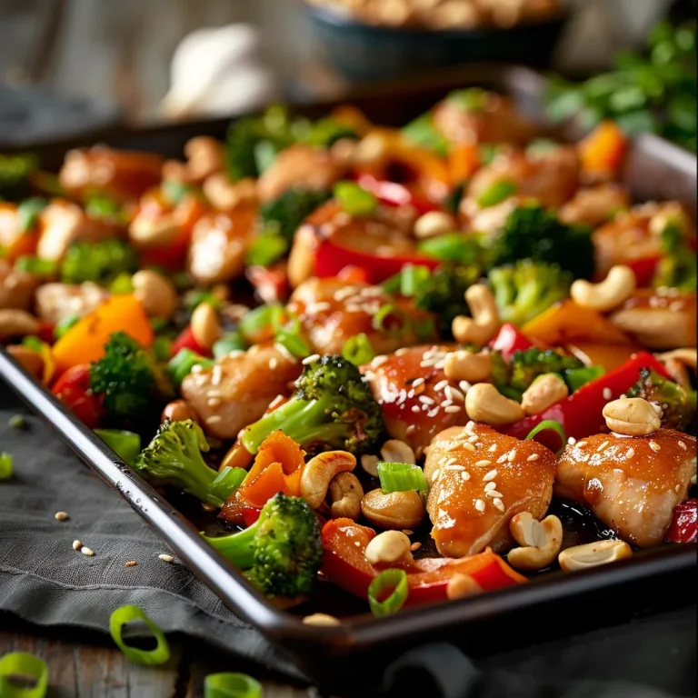 Close-up of sheet pan cashew chicken with colorful vegetables and nuts.