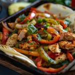 Close-up of Sheet Pan Chicken Fajitas with colorful vegetables and warm tortillas.
