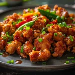 Close-up of Crispy Chilli Chicken with vibrant colors and garnished with spring onions.