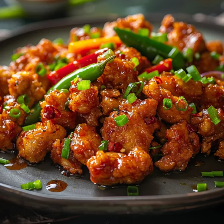 Close-up of Crispy Chilli Chicken with vibrant colors and garnished with spring onions.