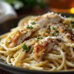 A close-up view of creamy Parmesan chicken pasta garnished with fresh parsley.