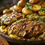 Close-up of grilled chicken topped with herbs, creamy pesto pasta, and roasted potatoes on a plate.