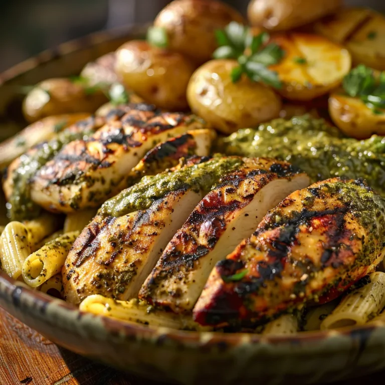 Close-up of grilled chicken topped with herbs, creamy pesto pasta, and roasted potatoes on a plate.