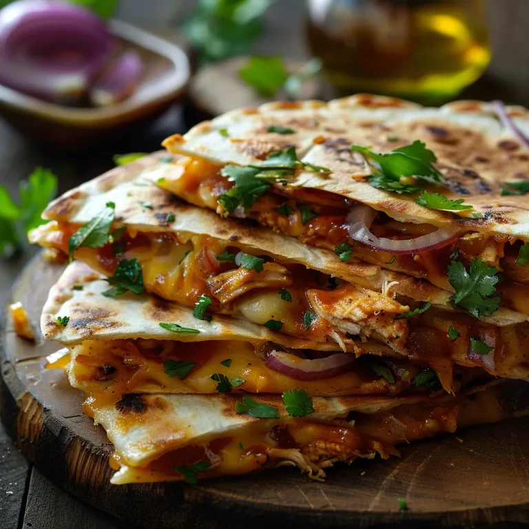 Close-up view of BBQ chicken quesadillas with melted cheese and BBQ sauce.