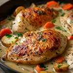 Close-up of creamy herb chicken served with mashed potatoes and glazed carrots on a rustic plate.