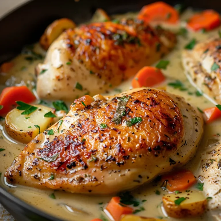 Close-up of creamy herb chicken served with mashed potatoes and glazed carrots on a rustic plate.