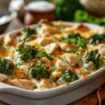 Close-up of a Healthy Broccoli Chicken Casserole, showcasing layers of chicken, broccoli, and cheese.