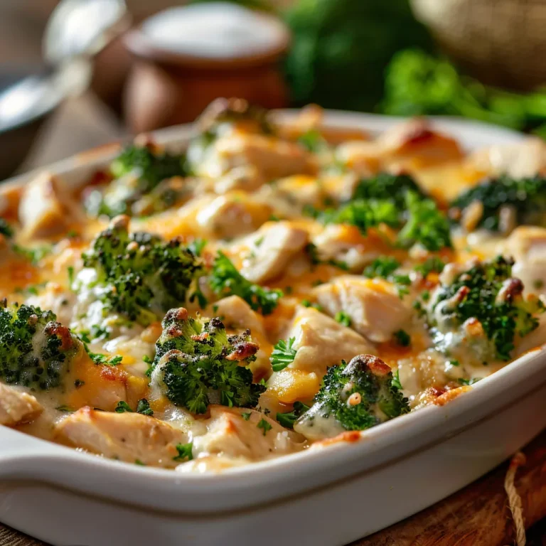 Close-up of a Healthy Broccoli Chicken Casserole, showcasing layers of chicken, broccoli, and cheese.
