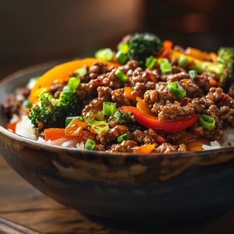 Close-up of a Spicy Ground Beef Stir-Fry Bowl with colorful vegetables and rice.
