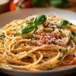A close-up view of creamy garlic tomato pasta, featuring a rich sauce and garnished with fresh basil.