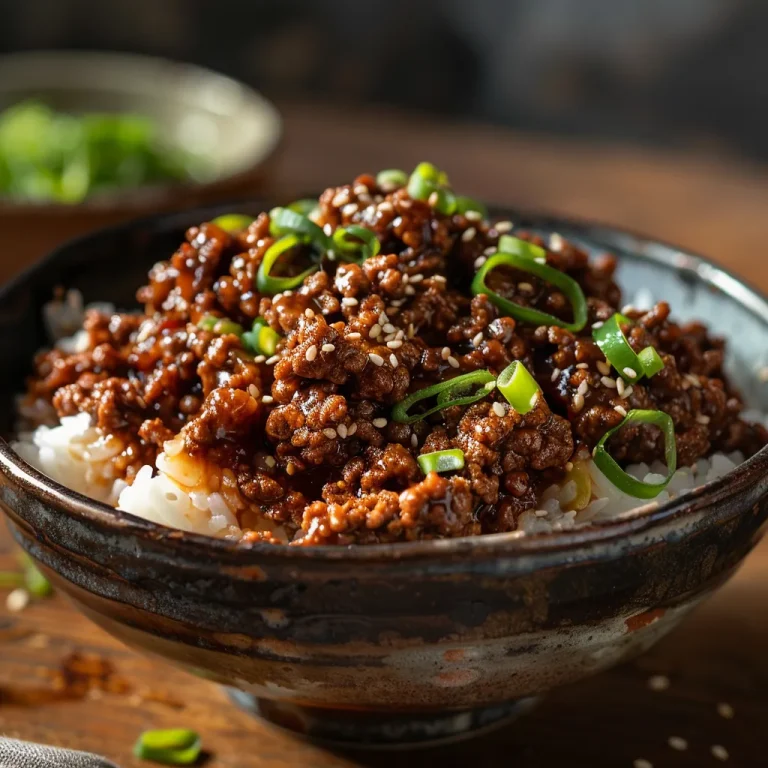 Close-up of a savory Korean Ground Beef Bowl with colorful toppings and rice.