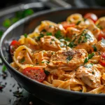 Close-up of cowboy butter chicken linguine with cherry tomatoes on a plate.