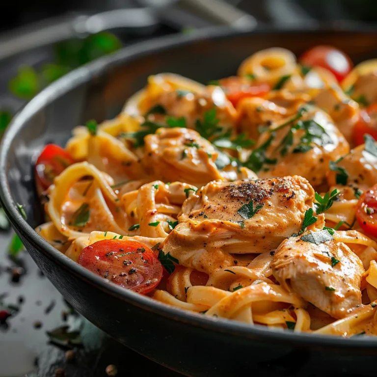Close-up of cowboy butter chicken linguine with cherry tomatoes on a plate.