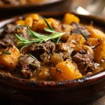 Close-up of a hearty beef and butternut squash casserole, beautifully lit with warm natural light.