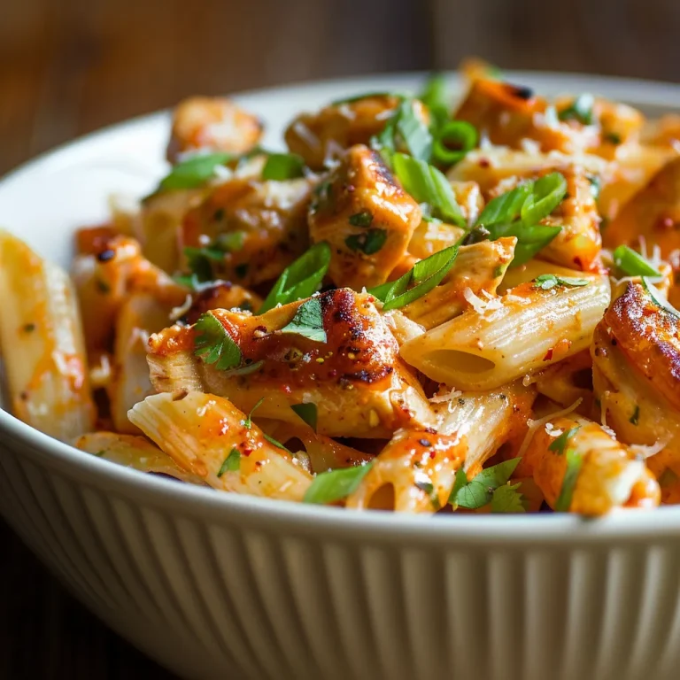 Close-up of Bang Bang Chicken Pasta with vibrant colors and creamy sauce.