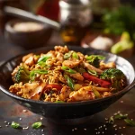 Close-up view of a vibrant Chicken Ramen Stir Fry featuring colorful vegetables and tender chicken pieces.