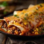 Close-up of cheesy ground beef enchiladas topped with melted cheese and garnished with cilantro.